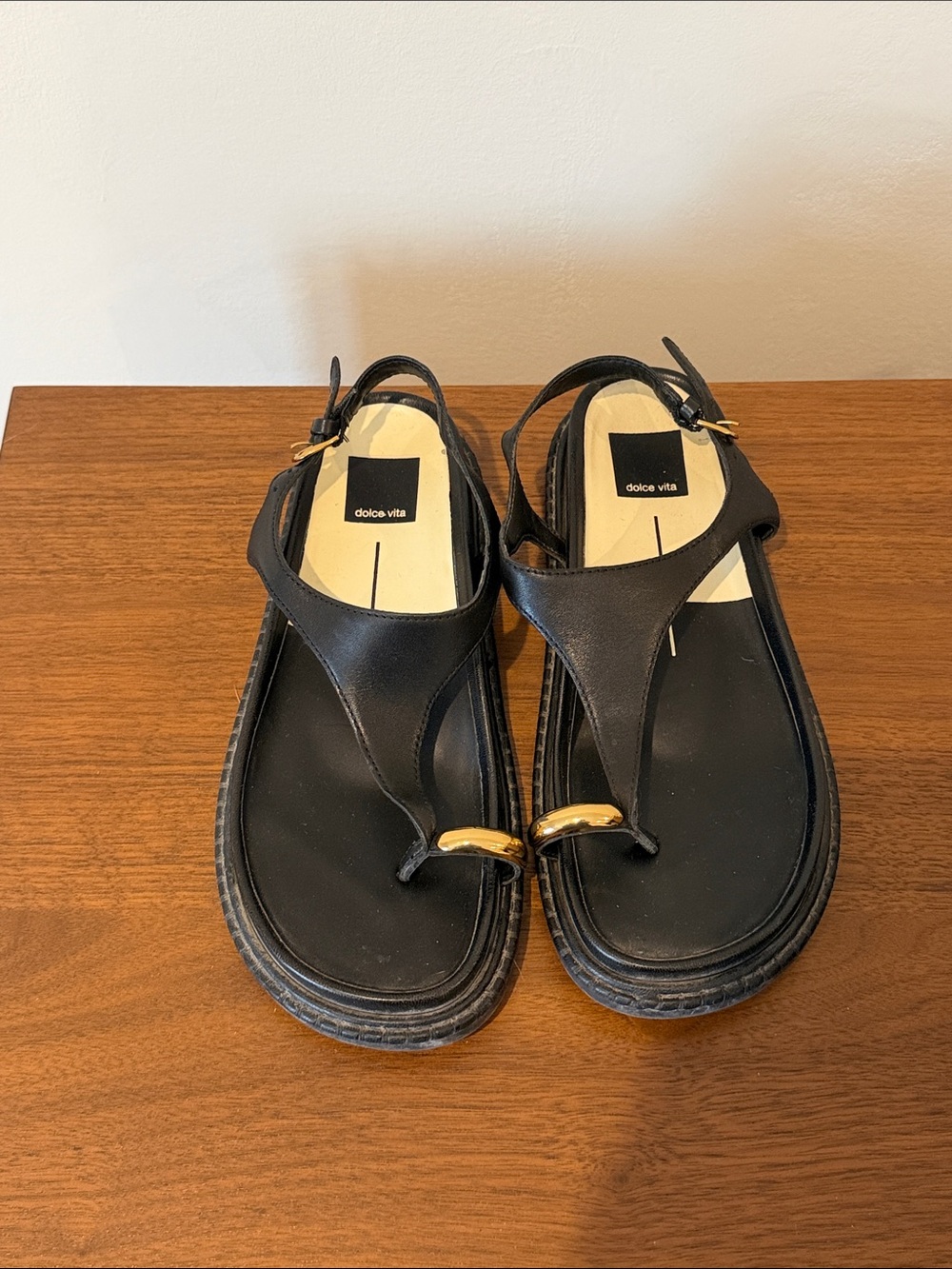 Dolce Vita Black T-Strap Sandals with Gold Accent